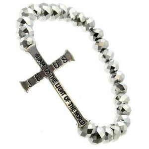 Jesus I Am the Light of the World Cross Silver Faceted Crystal Stretch Bracelet